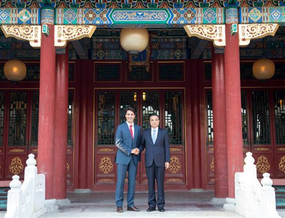 Premier Li Keqiang meets Canadian Prime Minister Justin Trudeau in the Forbidden City in Beijing Aug 30 2016