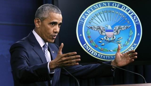 President Barack Obama talks about the war on terrorism during a news conference at the Pentagon on Thursday