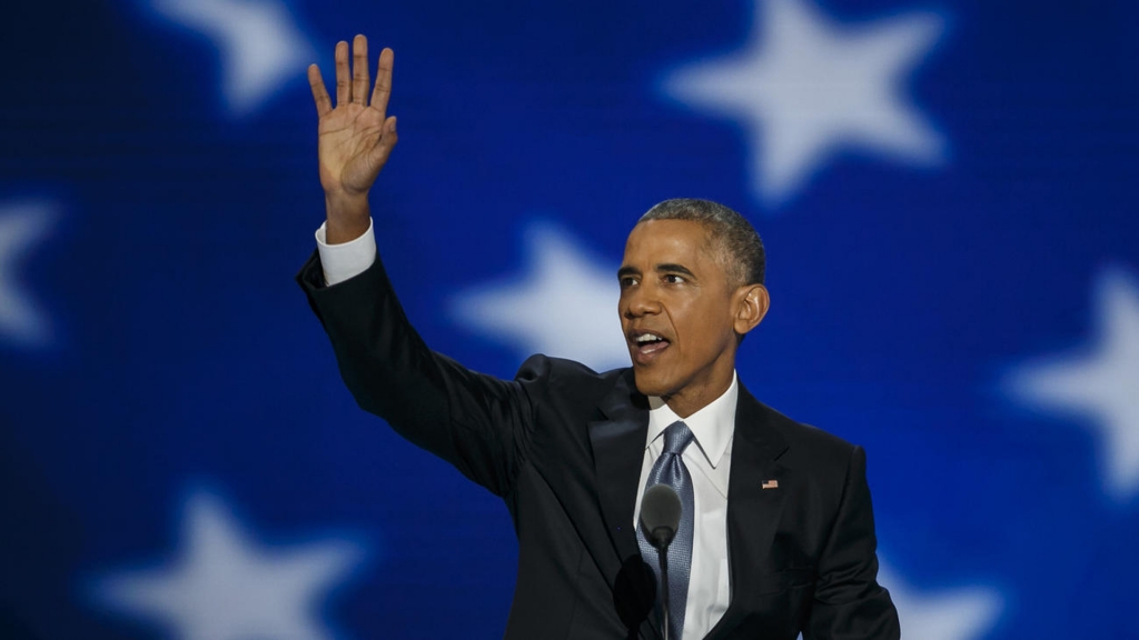 President Barack Obama waves to the crowd at the 2016 Democratic National Convention in Philadelphia