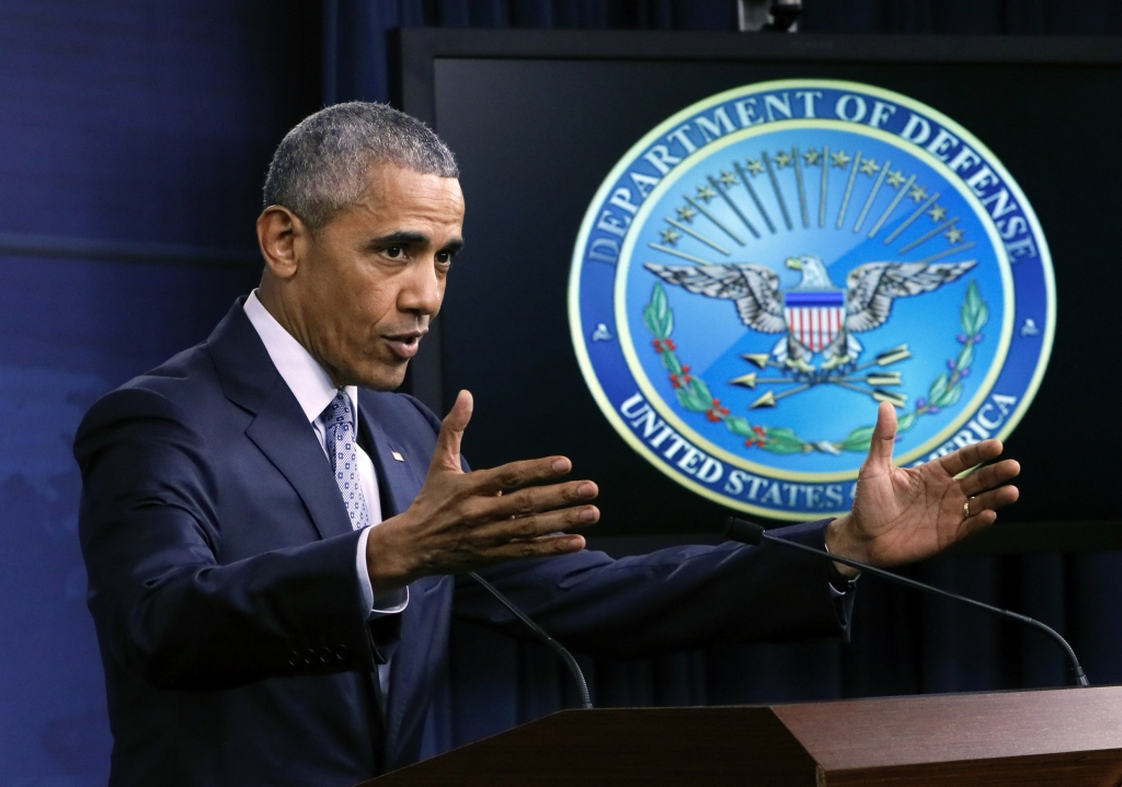 President Obama speals during a news conference Thursday at the Pentagon