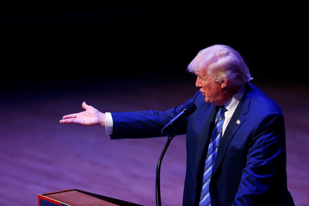 Presidential nominee Donald Trump attends a campaign event at the Merrill Auditorium in Portland Maine August 4