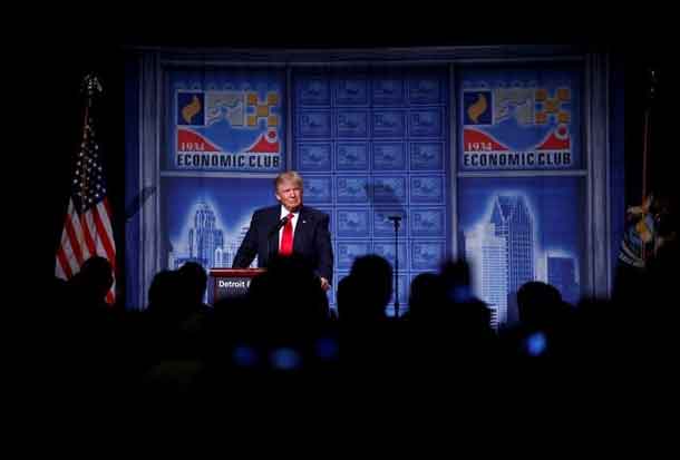 Republican U.S. presidential nominee Donald Trump speaks to the Detroit Economic Club at the Cobo Center in Detroit Michigan