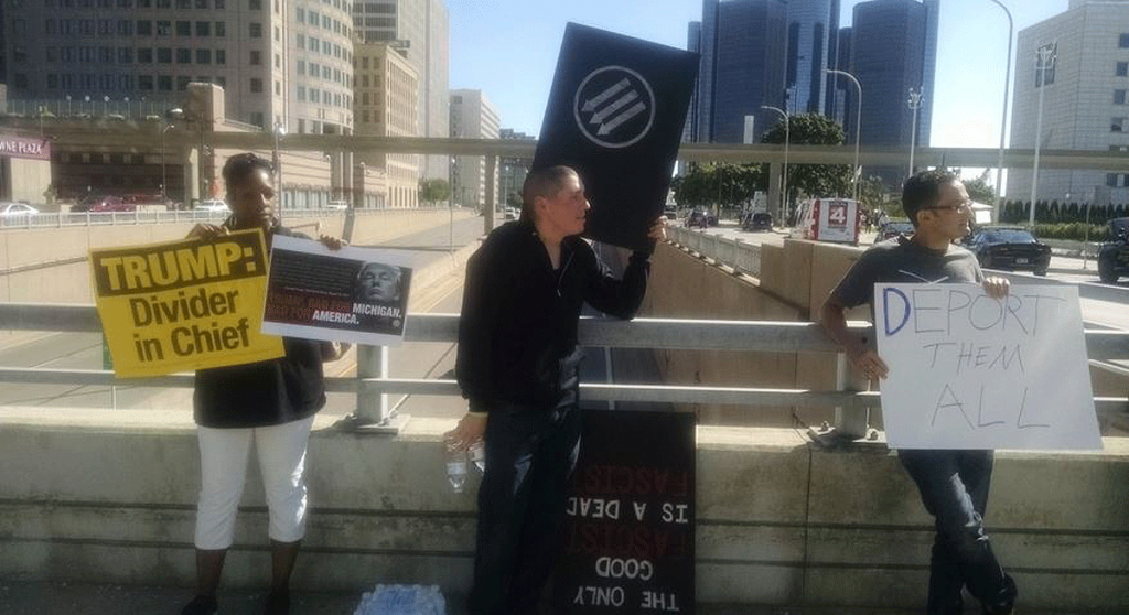 Protesters greeted Trump's visit outside Cobo Center in Detroit today