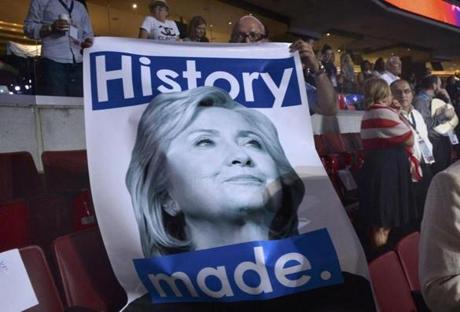 REUTERS  Charles Mostoller		A delegate held a Hillary Clinton poster at the Democratic National Convention in Philadelphia on Thursday