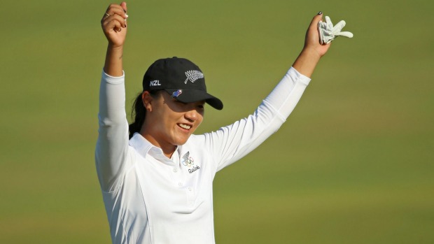 Lydia Ko celebrates holing in on the 15th