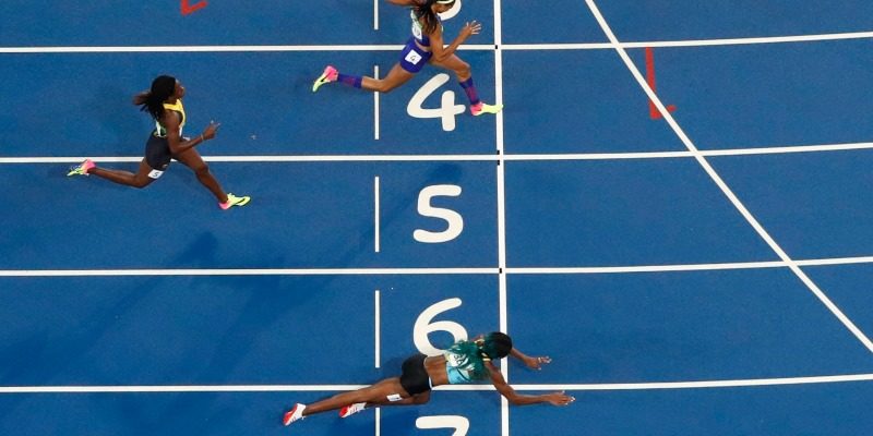 2016 Rio Olympics- Athletics- Final- Women's 400m Final- Olympic Stadium- Rio de Janeiro Brazil- 15/08/2016. Shaunae Miller of Bahamas throws herself across the finish line