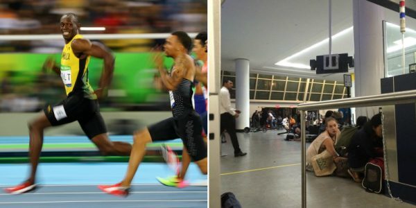 Usain Bolt of Jamaica looks at Andre De Grasse of Canada as they compete in the men's 100m semifinal and travelers crouch at New York's JFK Airport over fear of reported gun shots