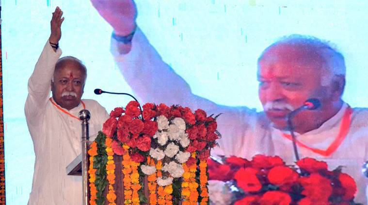 RSS chief Mohan Bhagwat speaks at a five-day teachers conference in Agra on Saturday. Credit PTI