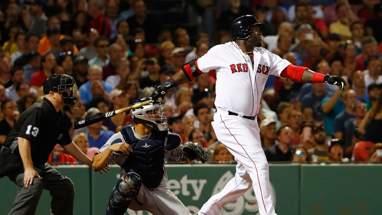 Boston Red Sox designated hitter David Ortiz watches his RBI single against the New York Yankees during the fifth inning of a baseball game at Fenway Park in Boston on Tuesday Aug. 9 2016