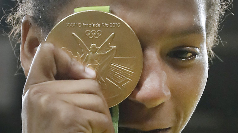 Rafaela Silva celebrates winning Brazil's first gold medal in Rio