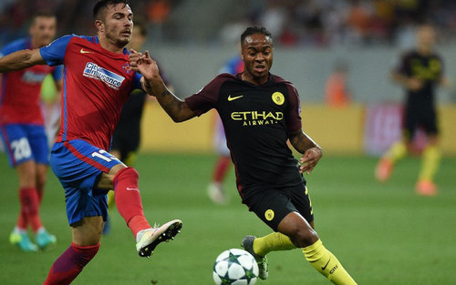 Raheem Sterling inspired Manchester City to a 5-0 win at Steaua Bucharest in their Champions League play-off round first leg