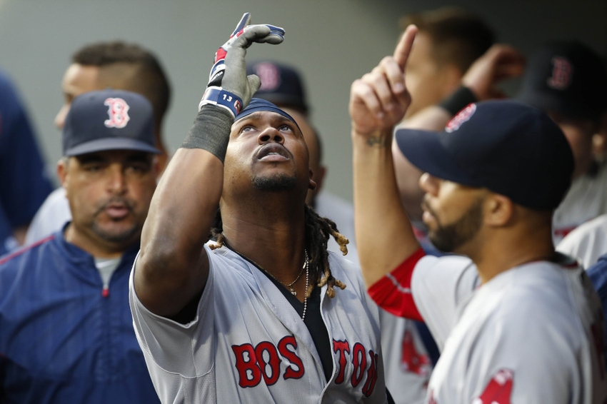 Aug 2 2016 Seattle WA USA Boston Red Sox first baseman Hanley Ramirez celebrates in the dugout after hitting a solo-home run against the Seattle Mariners during the fourth inning at Safeco Field. Mandatory Credit Joe Nicholson-USA TODAY Sports