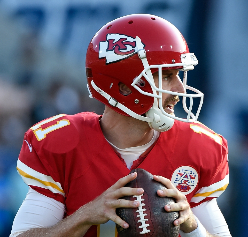 Quarterback Alex Smith #11 of the Kansas City Chiefs looks to pass in the first quarter against the Los Angeles Rams at Los Angeles Memorial Coliseum