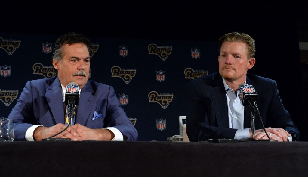 Apr 28 2016 Los Angeles CA USA Los Angeles Rams coach Jeff Fisher and general manager Les Snead at press conference at Courtyard L.A. Live after selecting quarterback Jared Goff as the No. 1 pick in the 2016 NFL Draft. Mandatory