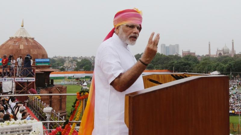 Prime Minister Narendra Modi speaks from the rampart of the Red Fort on India's Independence Day in New Delhi