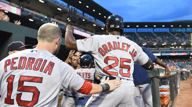 Jackie Bradley Jr. of the Red Sox celebrates a two run home run in the second inning against the Baltimore Orioles