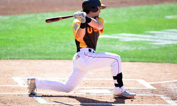 SAN DIEGO CA- JULY 10 Andrew Benintendi of the Boston Red Sox and the U.S. Team at bat during the SiriusXM All Star Futures Game at PETCO Park