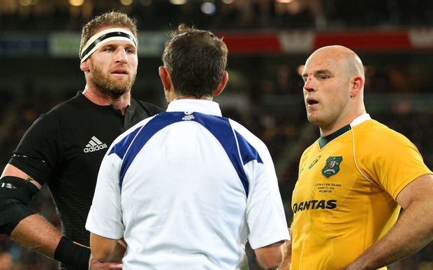 Referee Romain Poite speaks to captains Kieran Read and Stephen Moore Wellington. 27th August 2016