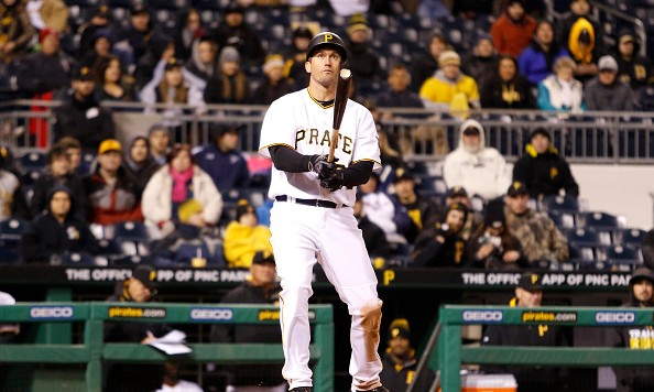 PITTSBURGH PA- APRIL 05 David Freese #23 of the Pittsburgh Pirates bounces a foul ball off his bat in the tenth inning during the game against the St. Louis Cardinals at PNC Park