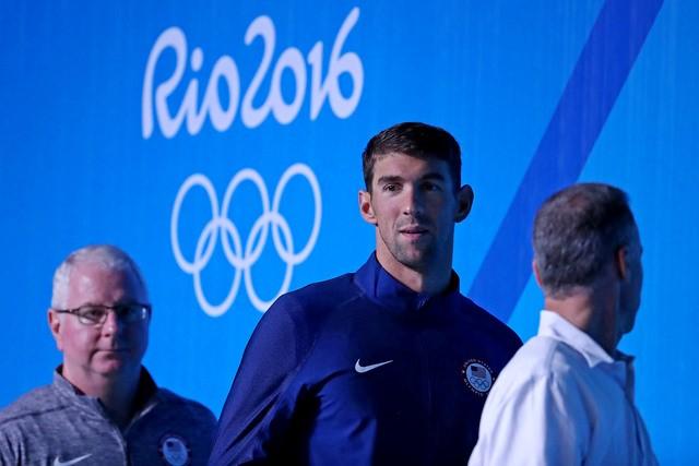 Micheal Phelps, about to leave a press conference prior to the Rio Olympics 2016