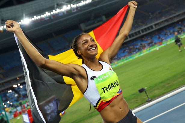 Nafissatou Thiam of Belgium celebrates winning the gold