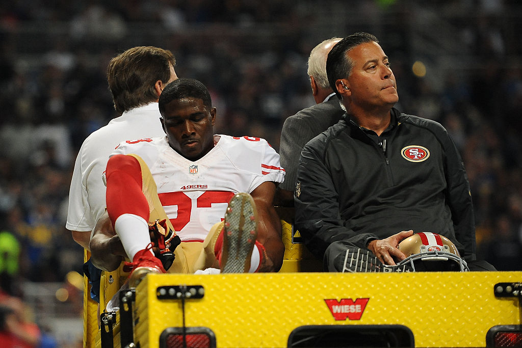 ST. LOUIS MO- NOVEMBER 1 Reggie Bush #23 of the San Francisco 49ers is carted off the field after being injured in the second quarter against the St. Louis Rams at the Edward Jones Dome