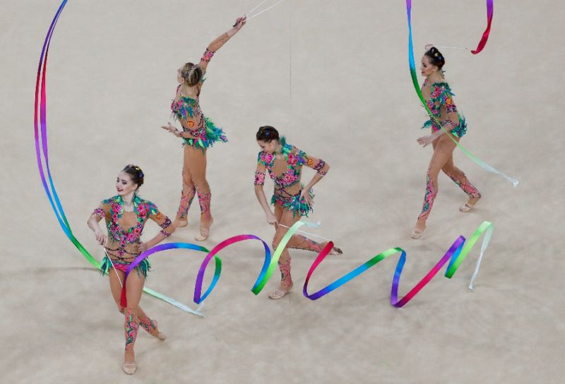 Russia's team compete in the group all-around final event of the Rhythmic Gymnastics during the 2016 Olympic Games in Rio de Janeiro