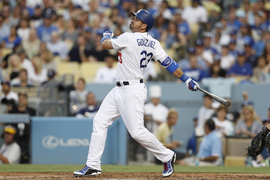 Los Angeles Dodgers first baseman Adrian Gonzalez during the MLB regular season game between the Arizona Diamondbacks and the Los Angeles Dodgers at Dodger Stadium in Los Angeles