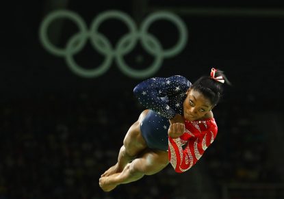 U.S. gymnast Simone Biles a Catholic competes on the floor exercise during the Summer Olympics in Rio de Janeiro Aug. 7