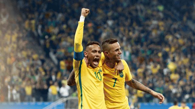 Luan ® of Brazil celebrates his goal with teammate Neymar scored against Colombia during their Rio 2016 Olympic Games men’s football quarterfinal match Brazil vs Colombia at the Corinthians Arena in Sao Paulo Brazil