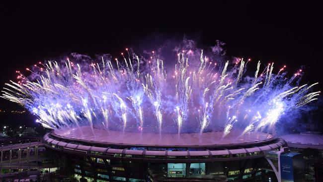 Fireworks explode at the end of the closing ceremony of the Rio 2016 Olympic Games at the Maracana stadium in Rio de Janeiro