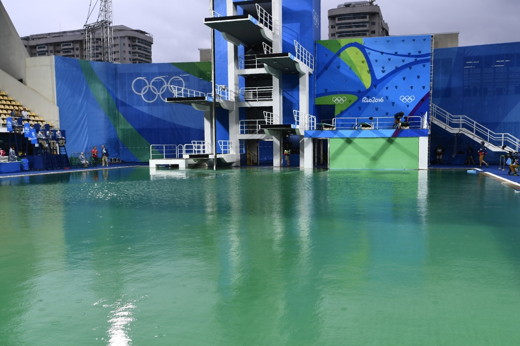 10 2016 at the Maria Lenk Aquatics Stadium in Rio de Janeiro shows the diving pool of the Rio 2016 Olympic Games. Red-faced Rio Olympics organisers anxiously waited for the diving water to turn back from a nervy green to class