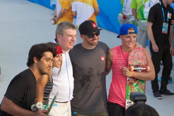 Current SLS Nike SB Super Crown Men’s and Women’s World Champions Kelvin Hoefler and Leticia Bufoni with IOC President Thomas Bach ISF Athlete Representative Neal Hendrix and professional skateboarder Candy Jacobs at the Nanjing 2014 Sports