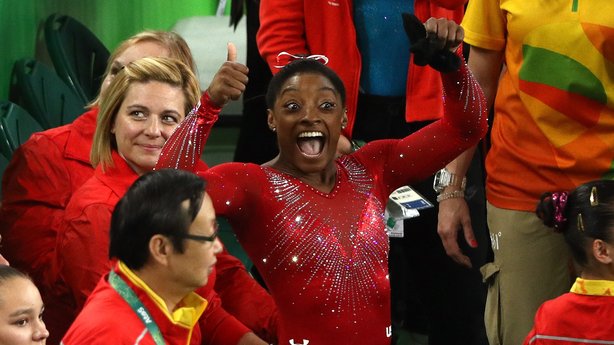 Simone Biles celebrates victory