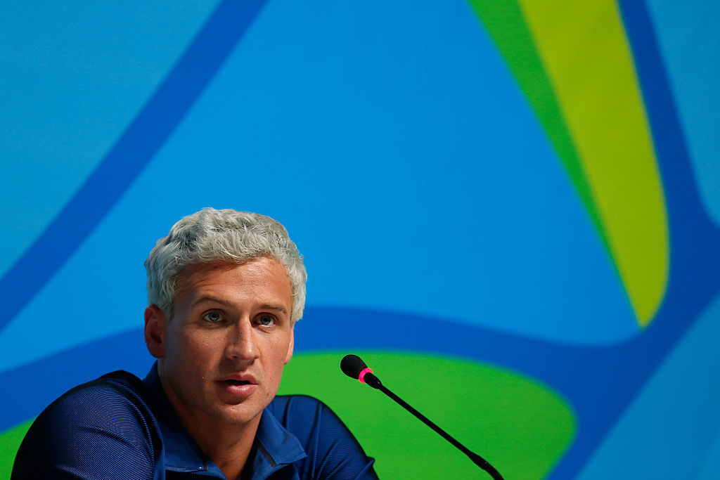 RIO DE JANEIRO BRAZIL- AUGUST 12 Ryan Lochte of the United States attends a press conference in the Main Press Center on Day 7 of the Rio Olympics