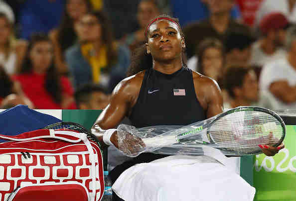 RIO DE JANEIRO BRAZIL- AUGUST 09 Serena Williams of the United States reacts during a Women's Singles Third Round match against Elina Svitolina of Ukraine on Day 4 of the Rio 2016 Olympic Games at the Olympic Tennis Centre