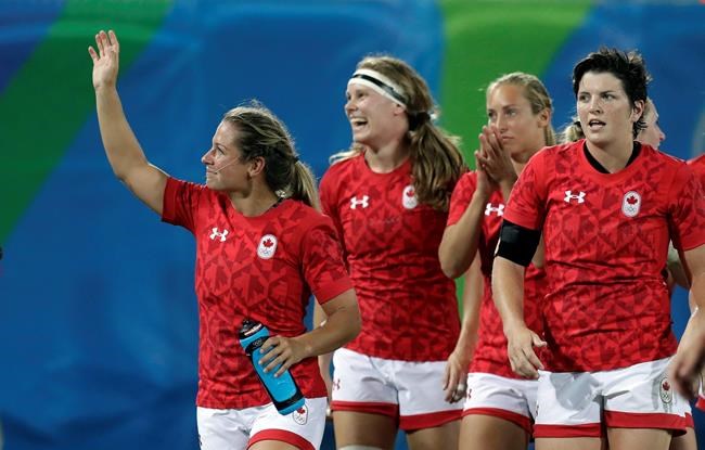 Canada's players acknowledges supporters after winning the women's rugby sevens quarter final match against France at the Summer Olympics in Rio de Janeiro Brazil Sunday Aug. 7