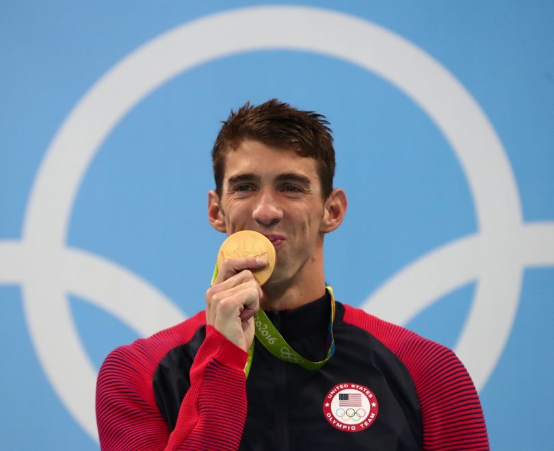 Aug 11 2016 Rio de Janeiro Brazil Michael Phelps with his gold medal after the men's 200m individual medley final in the Rio 2016 Summer Olympic Games at Olympic Aquatics Stadium. Mandatory Credit Rob Schumacher-USA TODAY Sports