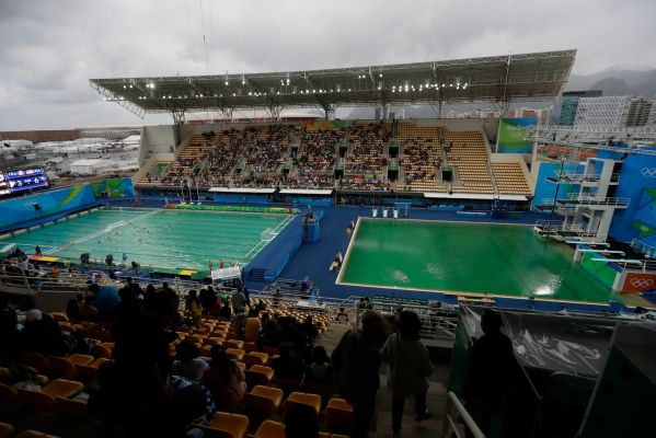 The water of the diving pool at right