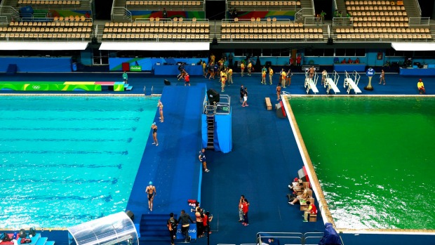 Olympic Water Polo Pool Starts Turning Green