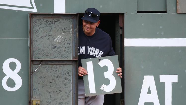 Alex Rodriguez emerges from the Green Monster with his uniform number before Thursday game at Fenway Park A-Rod's final game on the road