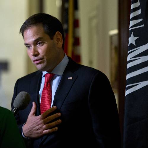 Sen. Marco Rubio R-Fla. speaks to media outside his office on Capitol Hill in Washington. A key question looms for vulnerable Republican senators this election season If Donald Trump loses and loses big