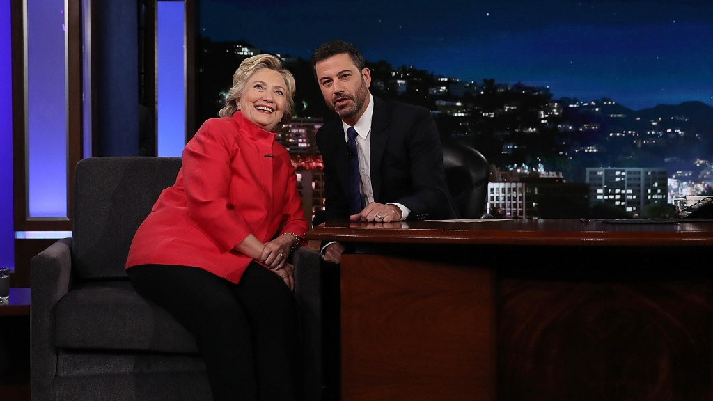 Democratic presidential nominee Hillary Clinton talks with Jimmy Kimmel at the taping of his ABC talk show on Monday in Los Angeles