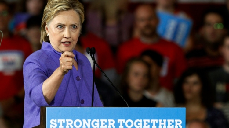 Democratic Presidential candidate Hillary Clinton addresses the crowd during a campaign rally