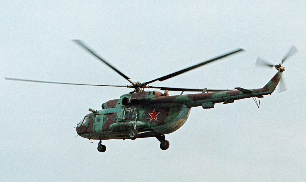 Mi-8 helicopter flies over the Chechen regional capital Grozny Russia. A helicopter similar to the one