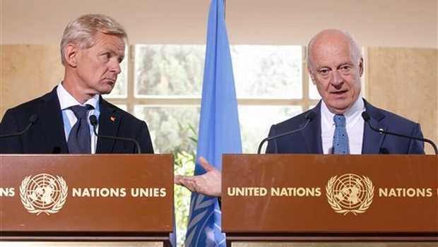 Staffan de Mistura right UN Special Envoy for Syria and Jan Egeland left Senior Advisor to the United Nations Special Envoy for Syria attend a news conference after the meeting of the International Syria Support Group's Humanitarian Access Task Force