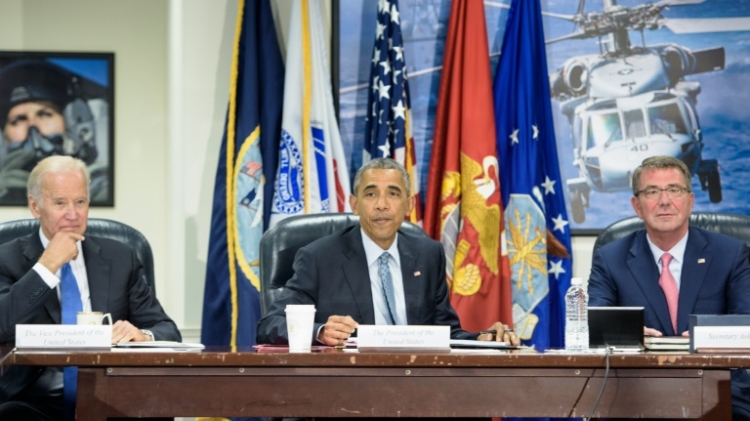 Vice President Joe Biden President Barack Obama and US Secretary of Defense Ashton Carter at the Pentagon