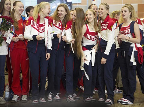 Russia's National Olympic team members attend the farewell ceremony before Russian team's departure to Rio Olympics in Moscow's Sheremetyevo Russia Thursday