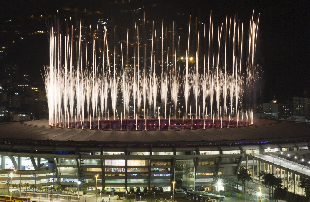 Fireworks explode above the Maracana stadium during the opening ceremony of the Rio's 2016 Summer Olympics in Rio de Janeiro in Rio de Janeiro Brazil Friday Aug. 5 2016