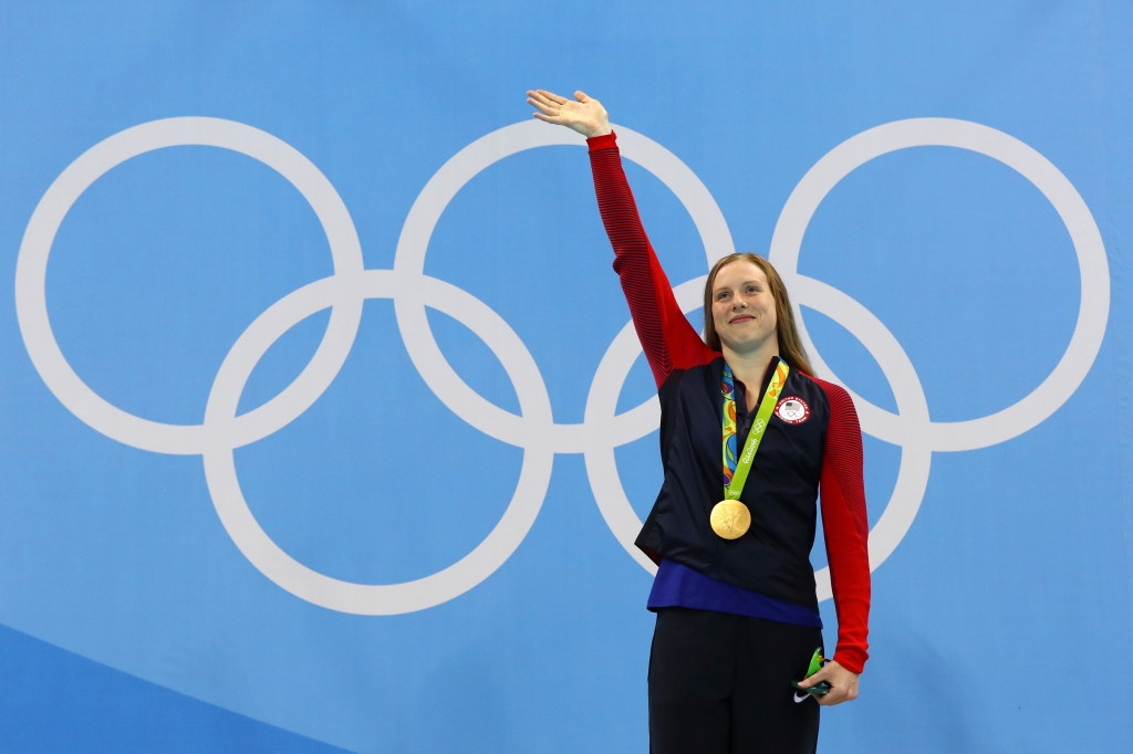 Gold medalist Lilly King of the United States poses during the medal ceremony for the Women's 100m Breaststroke Final on Day 3 of the Rio 2016 Olympic Games at the Olympic Aquatics Stadium in Rio de Janeiro on Aug. 8 2016